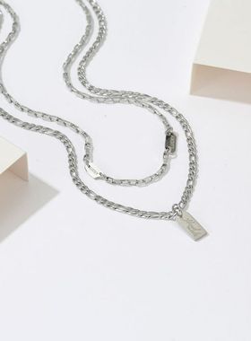 钛钢项链女 方牌拼接字母流苏男小众时尚ins嘻哈潮酷设计感锁骨链