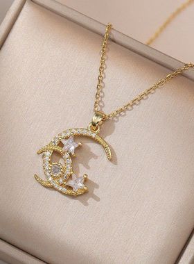 项链女 网红星月锆石几何小众时尚新款设计感吊坠气质钛钢锁骨链