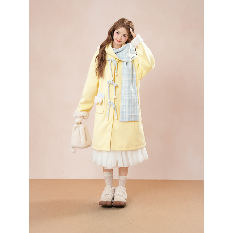 芝士奶盖 秋冬新款日系甜美氛围感中长款连帽奶黄色拼毛毛呢外套 - 图1