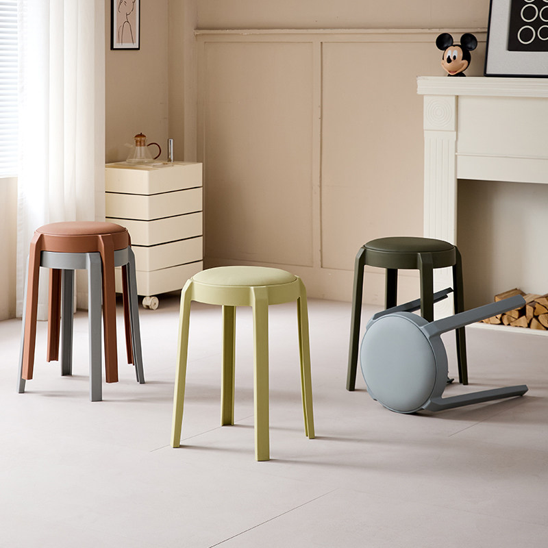 塑料凳子家用可叠放加厚高板凳软包圆板凳简约风车凳皮面餐厅椅子