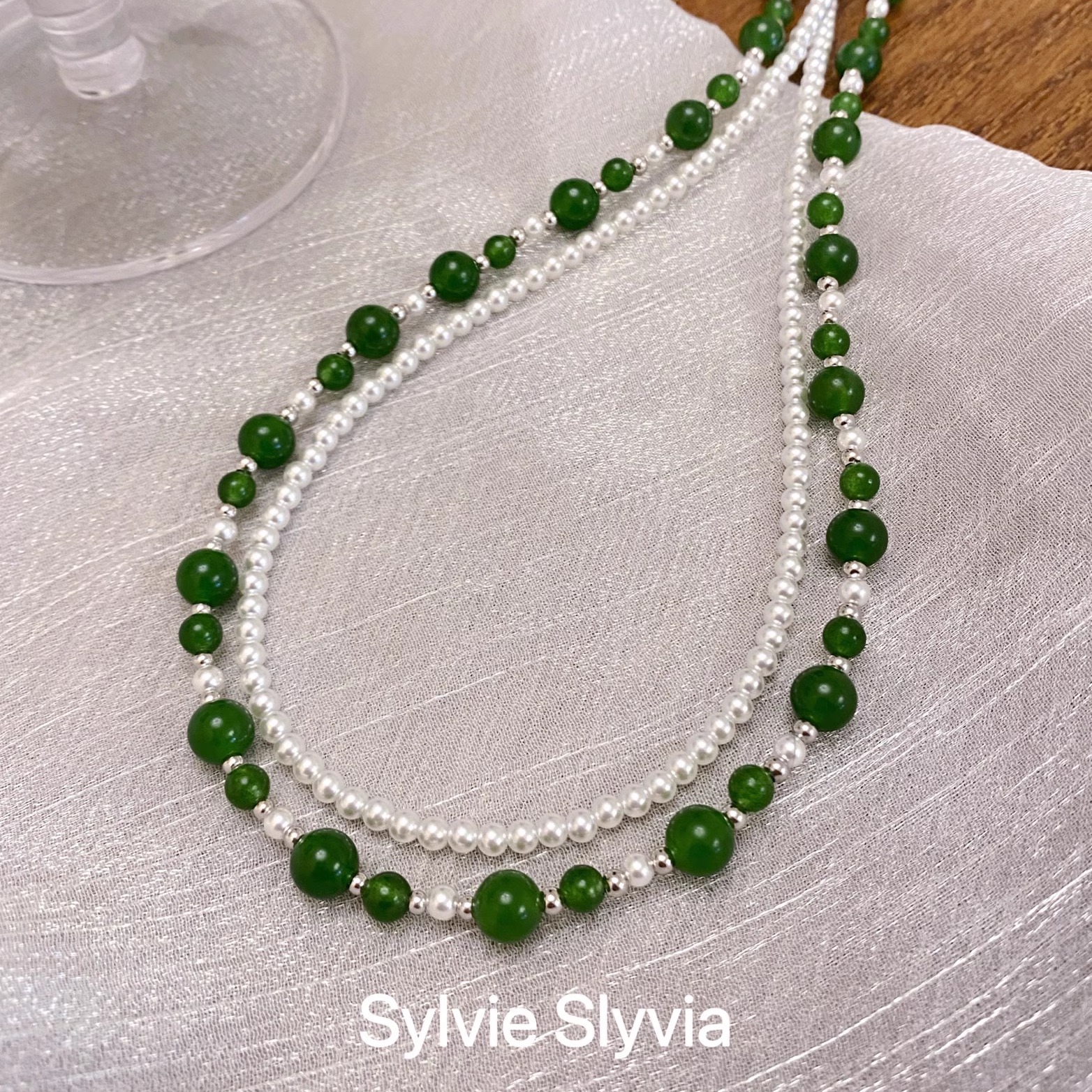 高级感新中式s925纯银显白菠菜绿玉髓项链轻奢小众气质珍珠锁骨链 - 图0