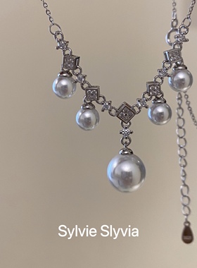 法式复古珍珠吊坠细锁骨项链纯银
