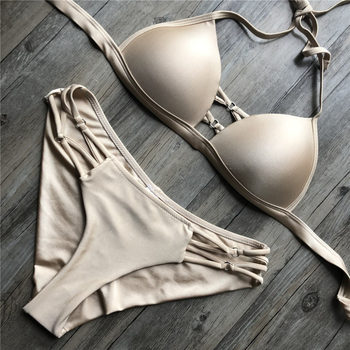 ແມ່ຍິງ Sexy ຫາດຊາຍ Bikini ຊຸດກິລາສີແຂງ Split Swimwear