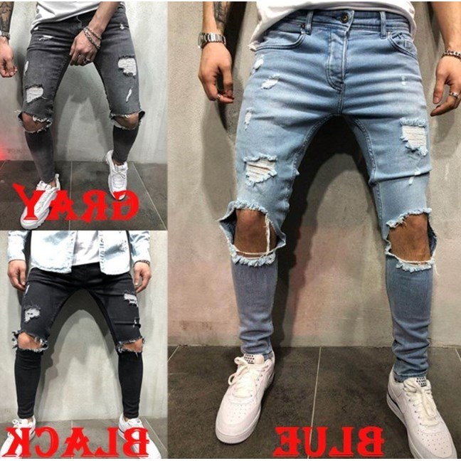 fashion 膝盖破洞牛仔裤男小脚裤knees hole ripped jeans male p