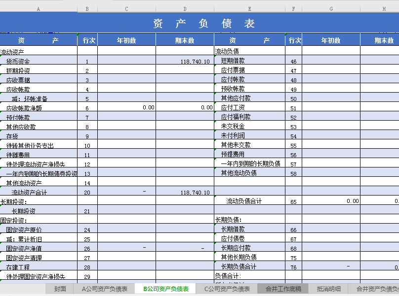 合并会计报表系统表格各公司资产负债表调整项目债权债务抵消模板 - 图1