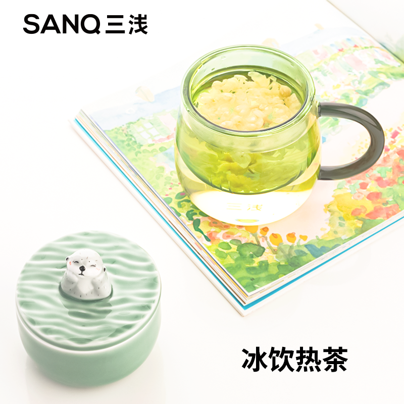 SANQ三浅海獭宝宝玻璃水杯茶水分离杯子女办公室情侣杯耐热过滤杯-图1