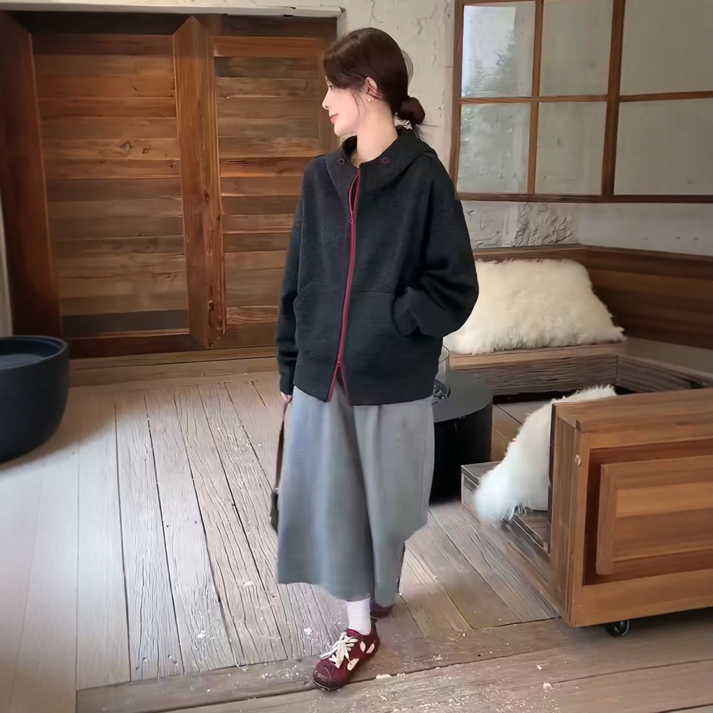 韩系撞色连帽加绒加厚卫衣外套女2025秋冬新款设计感休闲显瘦上衣 - 图1