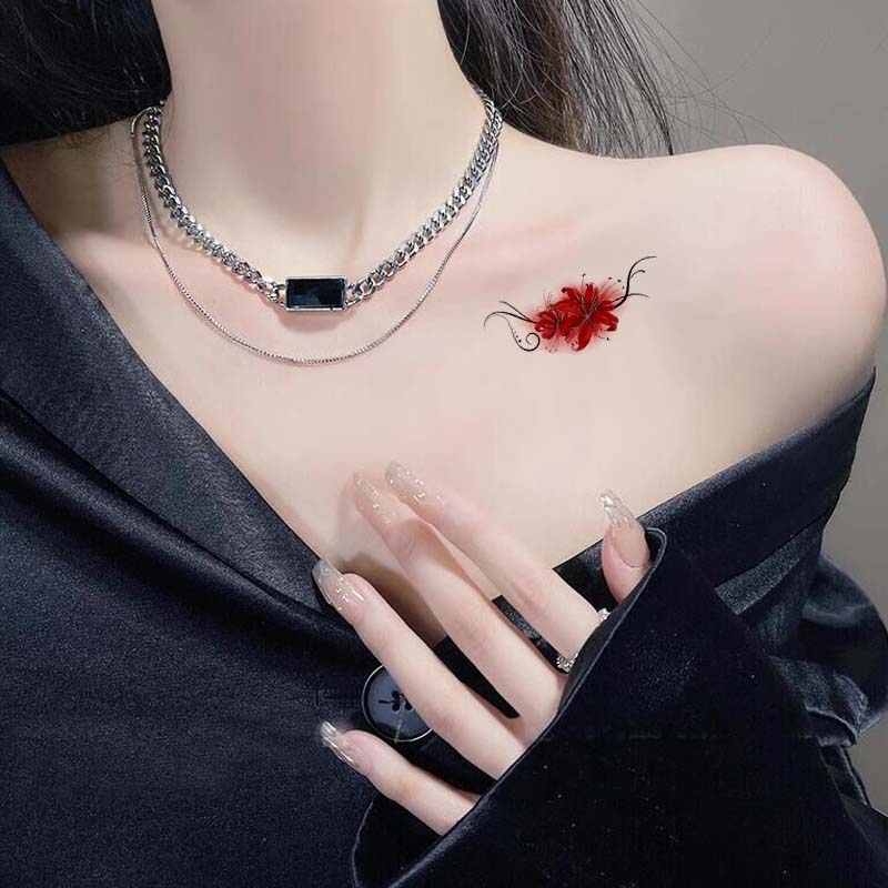 彩色彼岸花纹身贴锁骨手臂遮挡疤痕性感魅惑高级感半永久防水女 - 图0