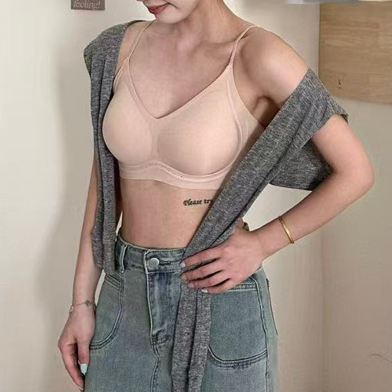 超薄奶皮细闪肩带果美背冻内衣女透气无钢圈聚拢大胸显小吊带背心