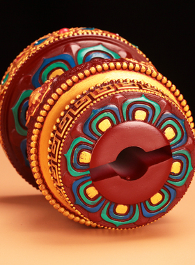 藏式手摇底座莲花财神箭树脂八吉祥浮雕家用供奉转筒桶底座摆件