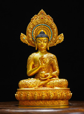 藏传纯铜五方佛像七寸飘带佛光浮雕五方摆件精品仿古鎏金工艺铜像