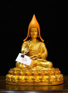 藏传八寸宗喀巴三师徒三尊纯铜佛像摆件家用精品仿古鎏金铜像礼品