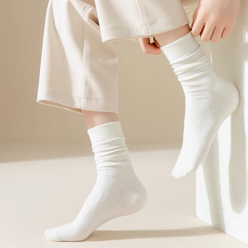 白色堆堆袜子女夏季薄款纯棉防臭中筒棉袜2024新款黑色无骨月子袜