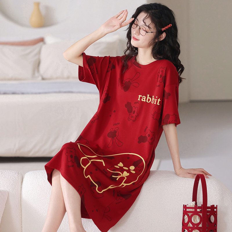 2套价红色情侣女夏短袖纯棉睡裙 舒适日记睡衣/家居服套装