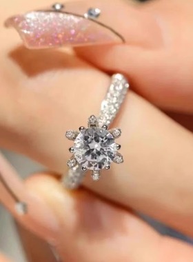 S925纯银莫桑石戒指【冰雪】1克拉花瓣微镶钻戒求婚结婚戒指女款