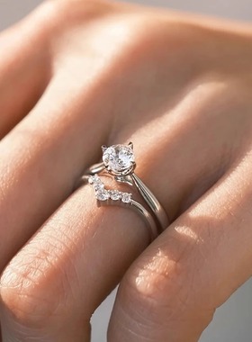 S925纯银莫桑石戒指【许愿骨】五钻排戒叠戴食指戒女尾戒闭口指环