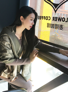 中国风青花瓷图案双面优雅披肩