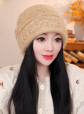 帽子女秋冬百搭松鼠绒线针织毛线帽时尚套头保暖护耳防风围巾帽女