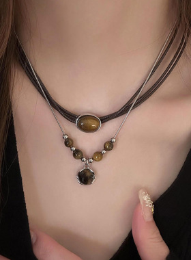 复古虎眼石几何圆形吊坠项链美拉德风锁骨链个性小众设计感项饰女