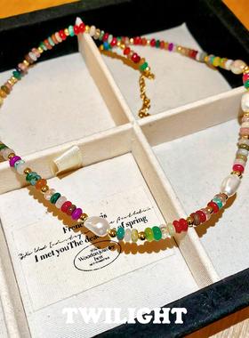 复古彩色珠串珠高级感锁骨项链