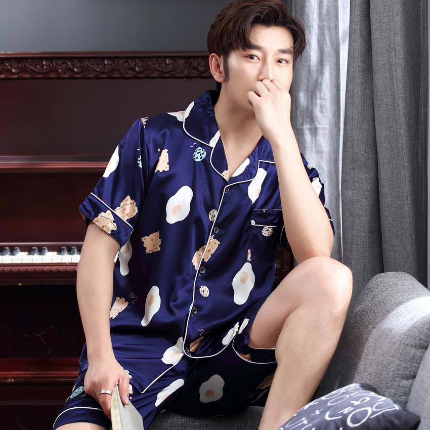 睡衣男夏冰丝短袖套装夏季男士丝绸薄款开衫加