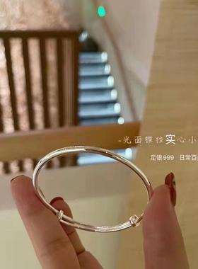 2026简约光面镀银手镯女圆肚活口实心时尚韩版贵妃推拉可调节经典