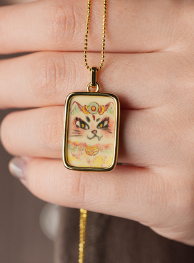 手绘猫咪吊坠项链女 可爱治愈系 小众设计新年礼物吊坠 ins装饰链
