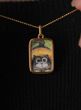 原创猫咪彩绘吊坠项链 女 ins小众设计 复古金色锁骨链 礼物
