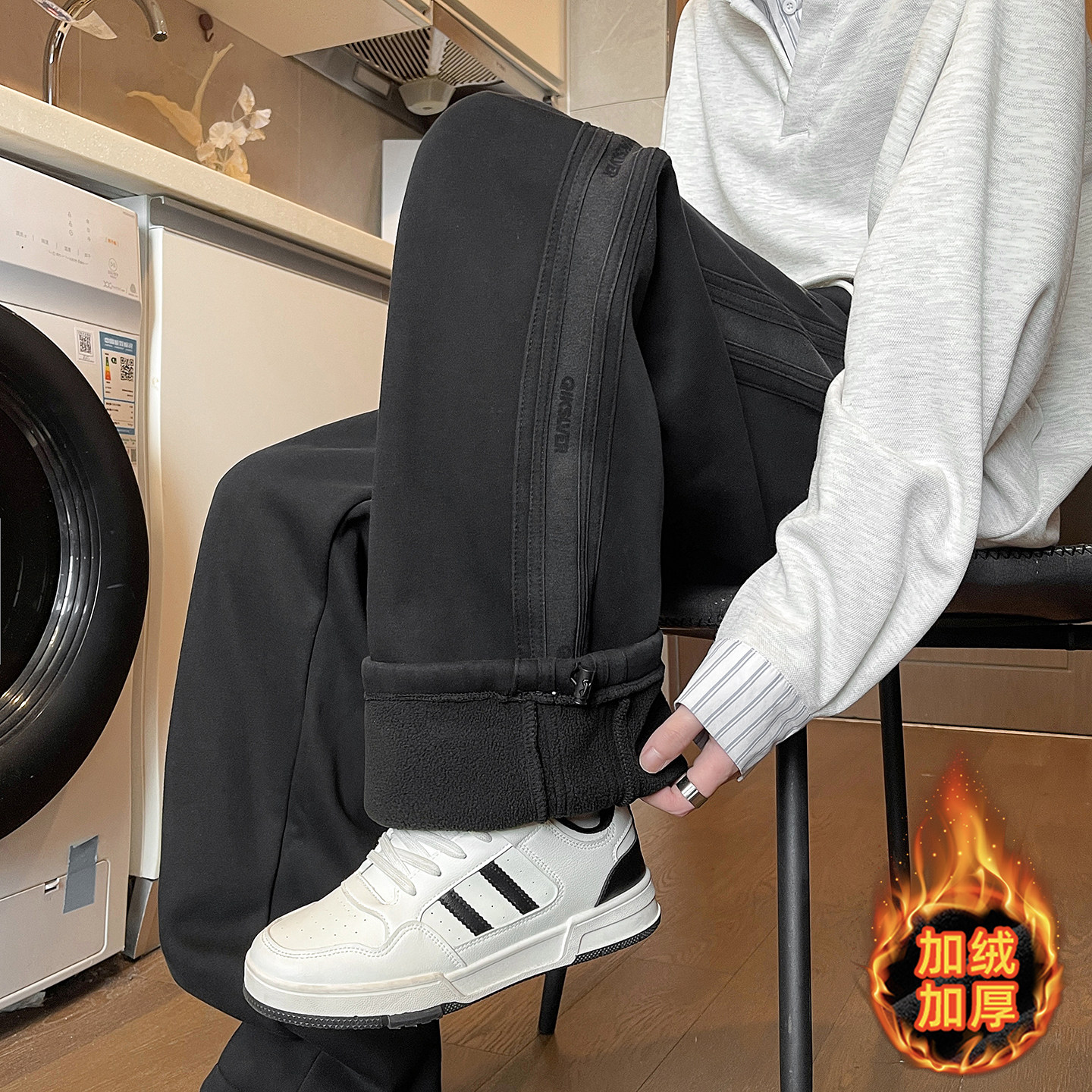 秋冬款加绒加厚裤子男孩初中学生宽松直筒长裤青少年大童休闲卫裤 - 图0