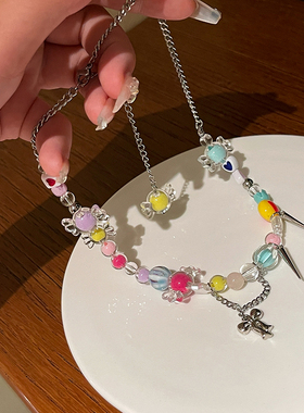 甜酷彩虹糖果项链小众设计锁骨链