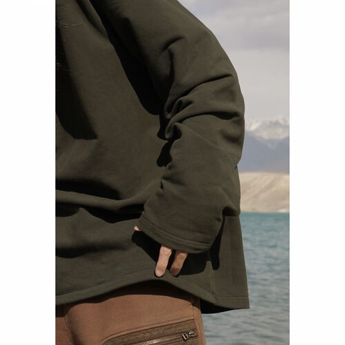 HUNTINGOLD加绒厚圆领长袖秋冬纯色打底衫宽松日系休闲卫衣1533 - 图1