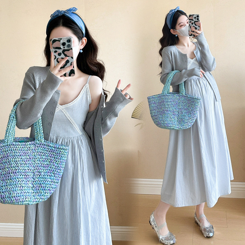 孕妇装2026早春新款孕妇纯棉花边V领吊带连衣裙＋针织开衫,淘宝优惠券,粉丝福利购,淘宝优惠卷