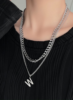W字母粗项链女钛钢嘻哈轻奢小众