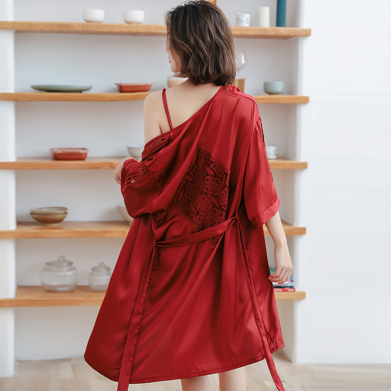 莱丝依梦旗舰店春秋睡衣女性感两件套装丝绸薄款睡裙夏天冰丝女士睡袍带胸垫夏季0