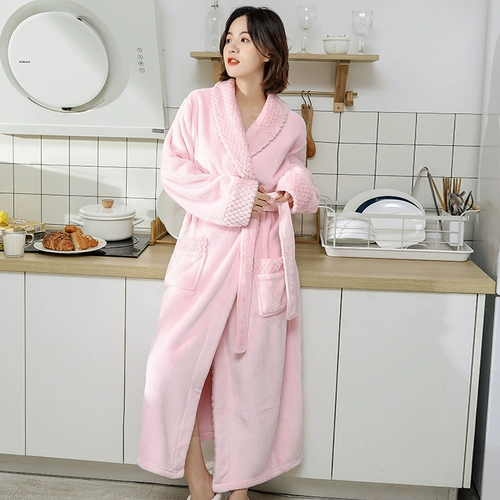 Зимняя пижама, удерживающий тепло коралловый бархатный длинный банный халат для отдыха, увеличенная толщина, свободный крой, средней длины, большой размер