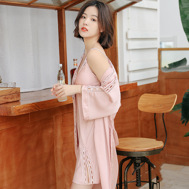 莱丝依梦旗舰店春秋睡衣女性感两件套装丝绸薄款睡裙夏天冰丝女士睡袍带胸垫夏季2