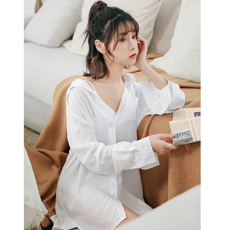 莱丝依梦旗舰店性感睡衣女夏莫代尔睡裙薄款白衬衫长袖家居服秋男友风宽松可外穿2