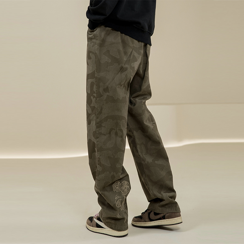 烦恼的Octopusl美式荷花刺绣迷彩裤直筒百搭复古街头百搭长裤子男 - 图0
