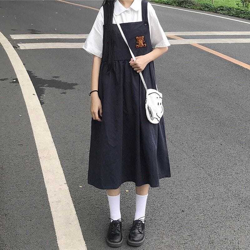 学院风短袖衬衫套装背带连衣裙女学生韩版宽松中长款吊带裙两件套