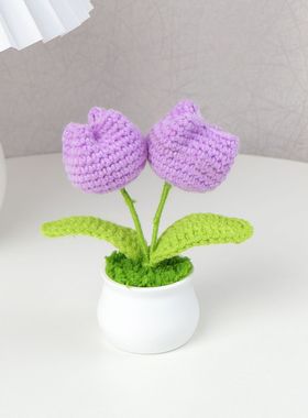 跨境手工编织成品仿真花双头郁金香盆栽家居装饰桌面摆件毛线花