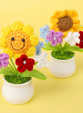 成品手工毛线钩织5朵勿忘我花丛盆栽桌面办公室车载摆件女生礼物
