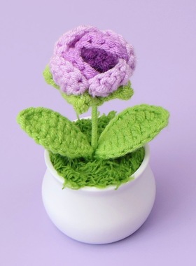 跨境手工毛线编织玫瑰花迷你盆栽成品车载桌面钩织摆件女生礼物
