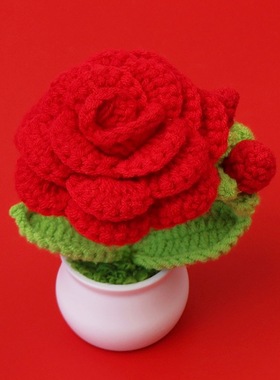 手工成品跨境毛线花编织玫瑰花钩织盆栽桌面车载摆件情人节礼物