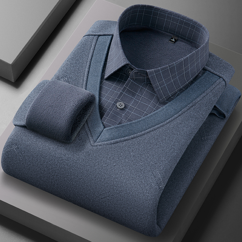 2025新款简约时尚男士假两件衬衫领针织衫加绒加厚保暖毛衣中年 - 图1