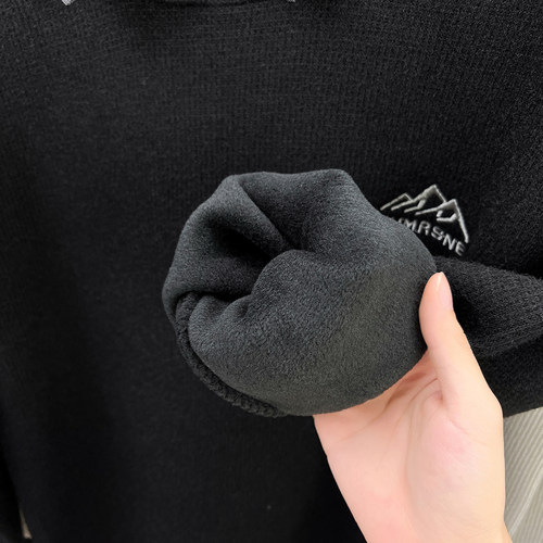 2025新款简约男士假两件衬衫领针织衫加绒加厚保暖毛衣冬季打底衫 - 图3