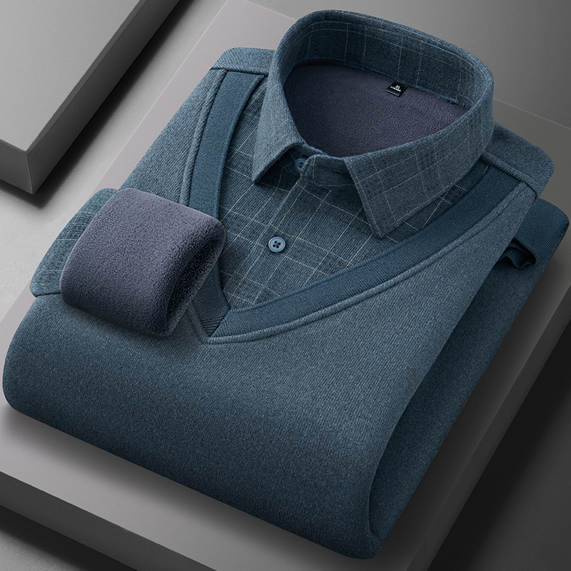 2025新款简约时尚男士假两件衬衫领针织衫加绒加厚保暖毛衣中年 - 图2