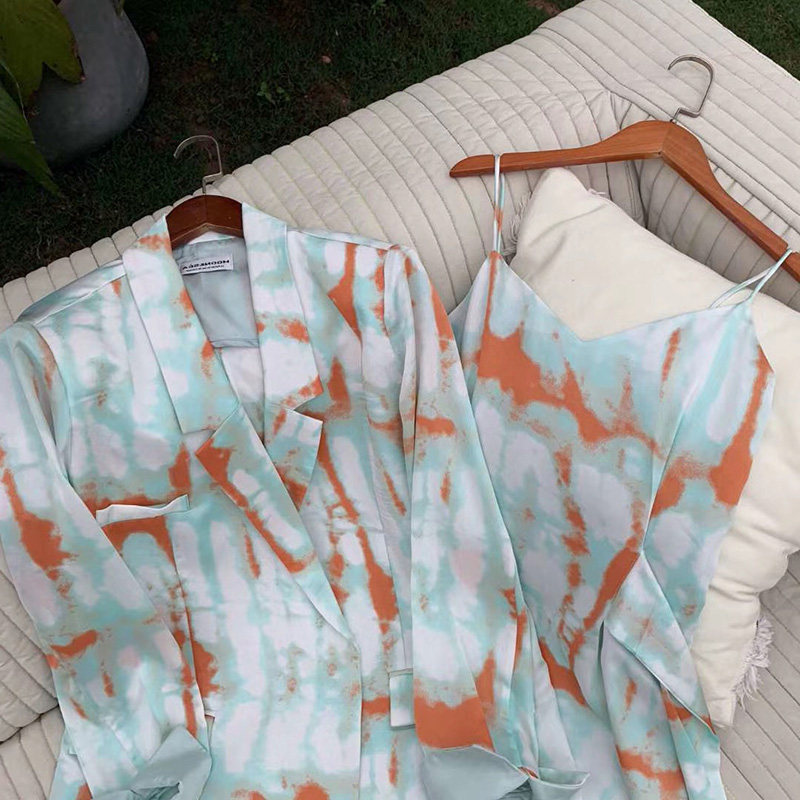 春夏气质扎染水墨缎面真丝连衣裙 莱绣坊女装时尚套装