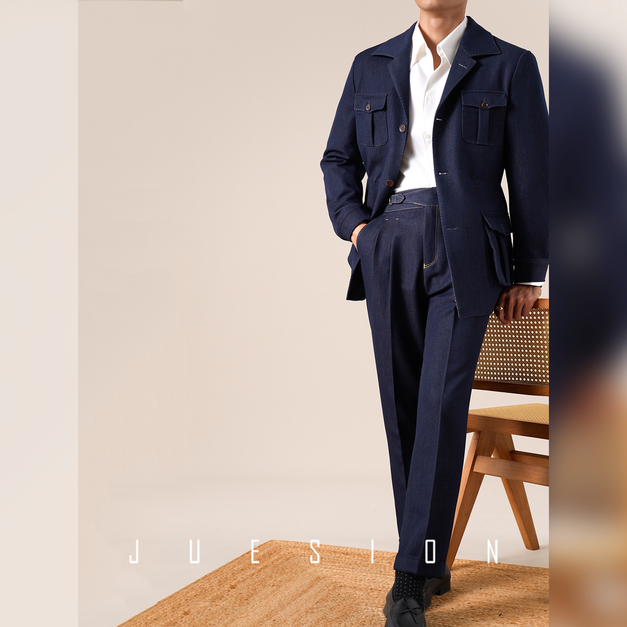 JUESION 意式牛仔夹克外套男秋季经典款修身翻领猎装休闲商务外套,淘宝优惠券,粉丝福利购,淘宝优惠卷