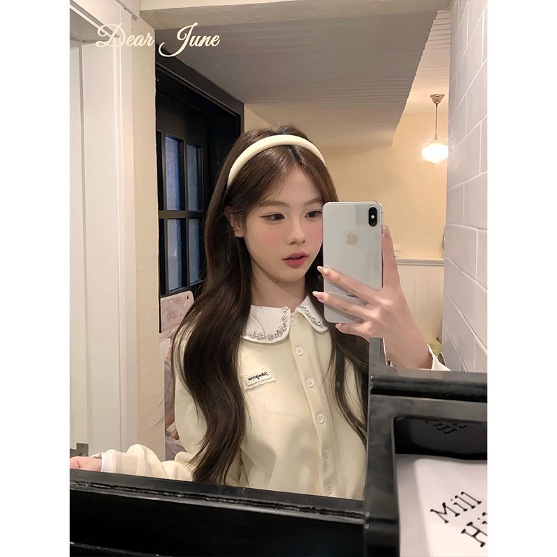 DearJune 韩国博主同款甜美约会穿搭娃娃领上衣钉钻设计减龄元气,淘宝优惠券,粉丝福利购,淘宝优惠卷