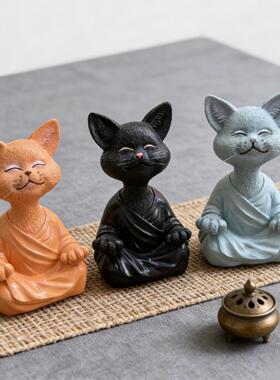 冥想动物打坐猫树脂工艺品摆件坐禅猫花家居园装饰雕像